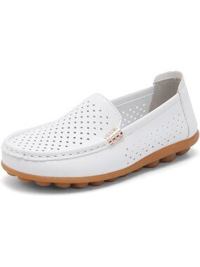 Women White Comfortable Leather Mocs Boat Walking Slip-On Loafer Flat Shoes